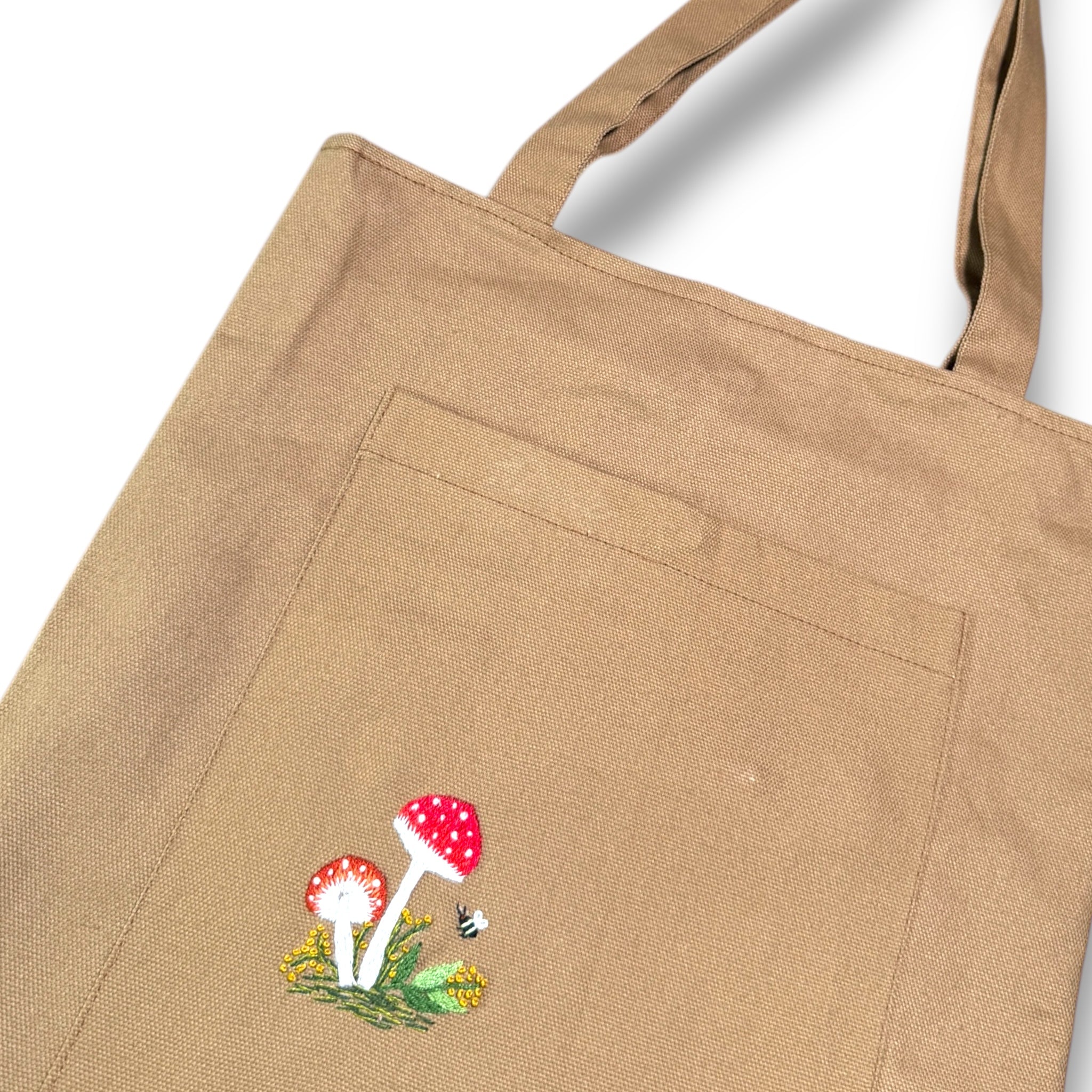 Mushroom Front Pocket Embroidery Tote Bag