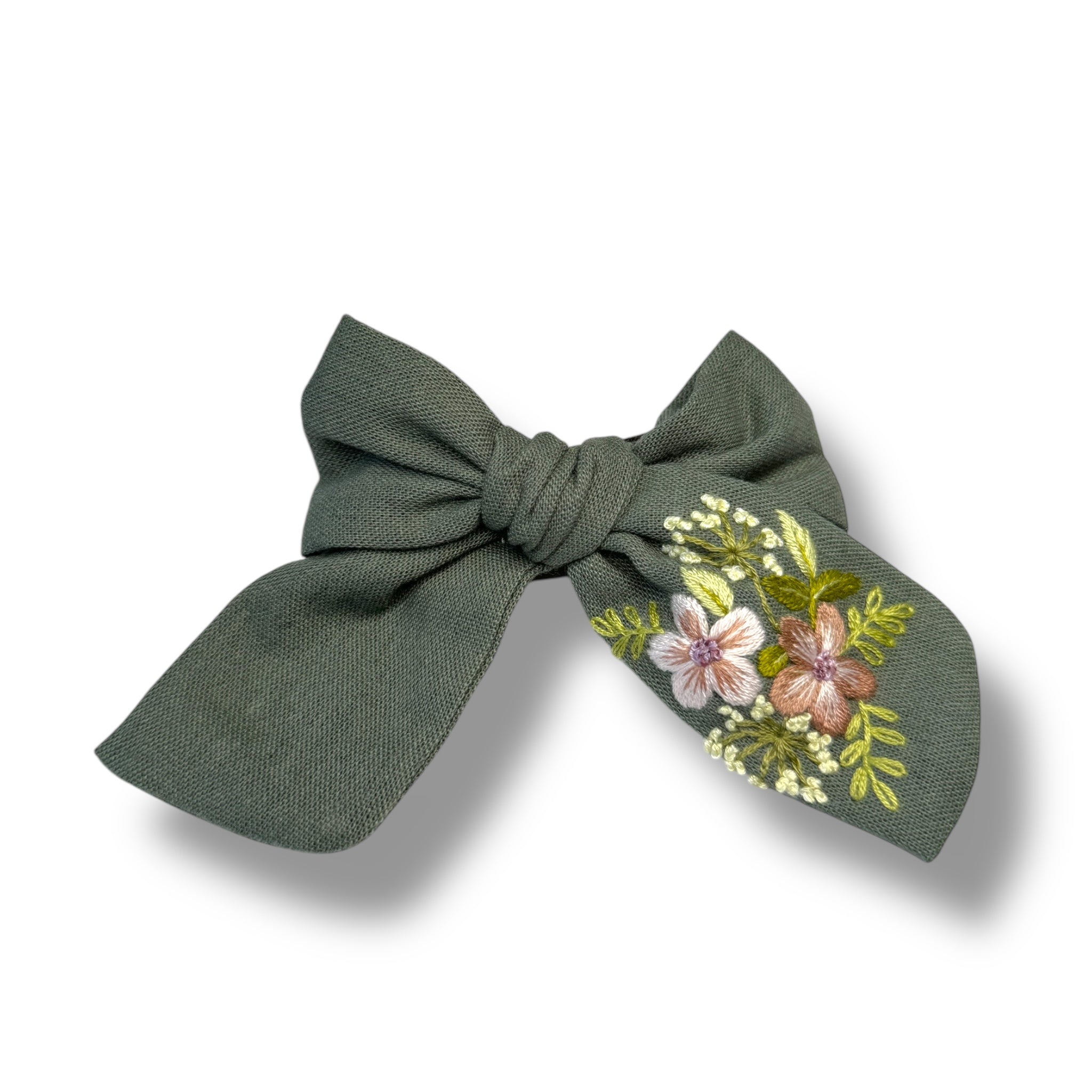 Olive Green Hand Embroidery Hair Bow