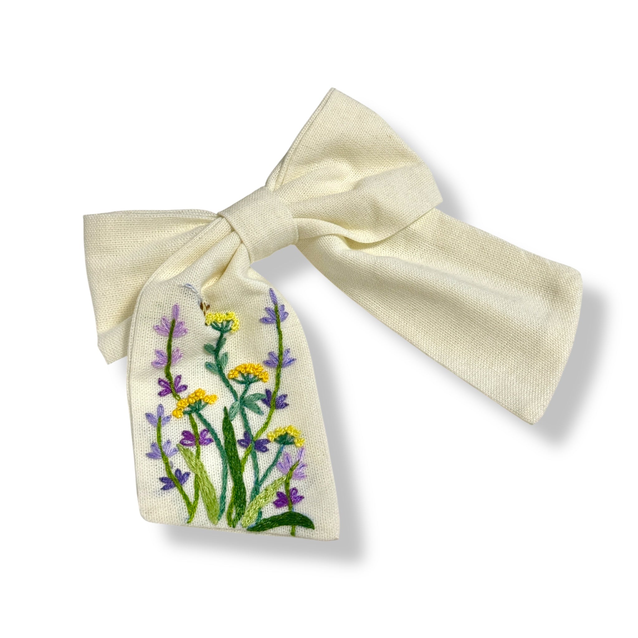 Lavender White Hand Embroidery Hair Bow Barrette