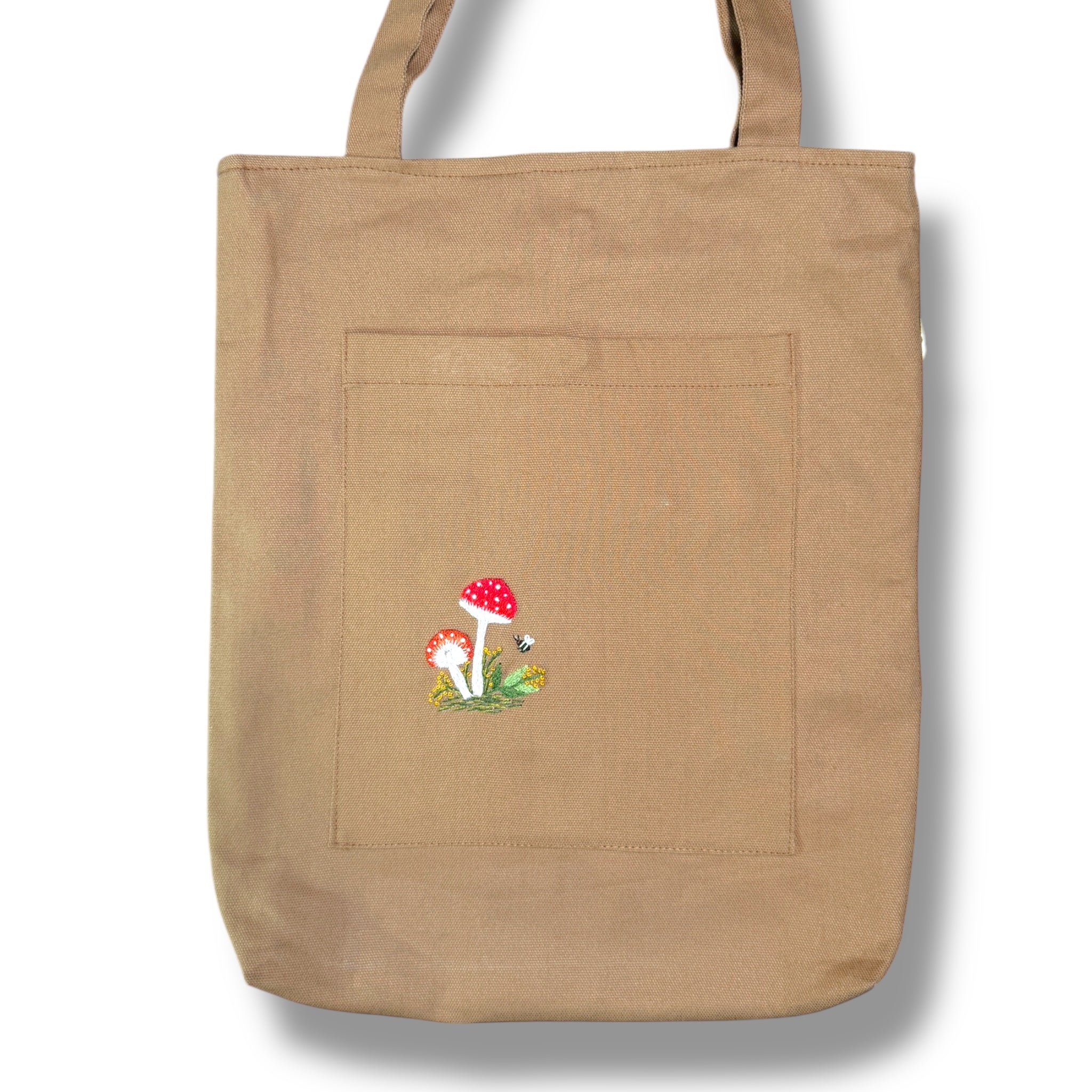 Mushroom Front Pocket Embroidery Tote Bag