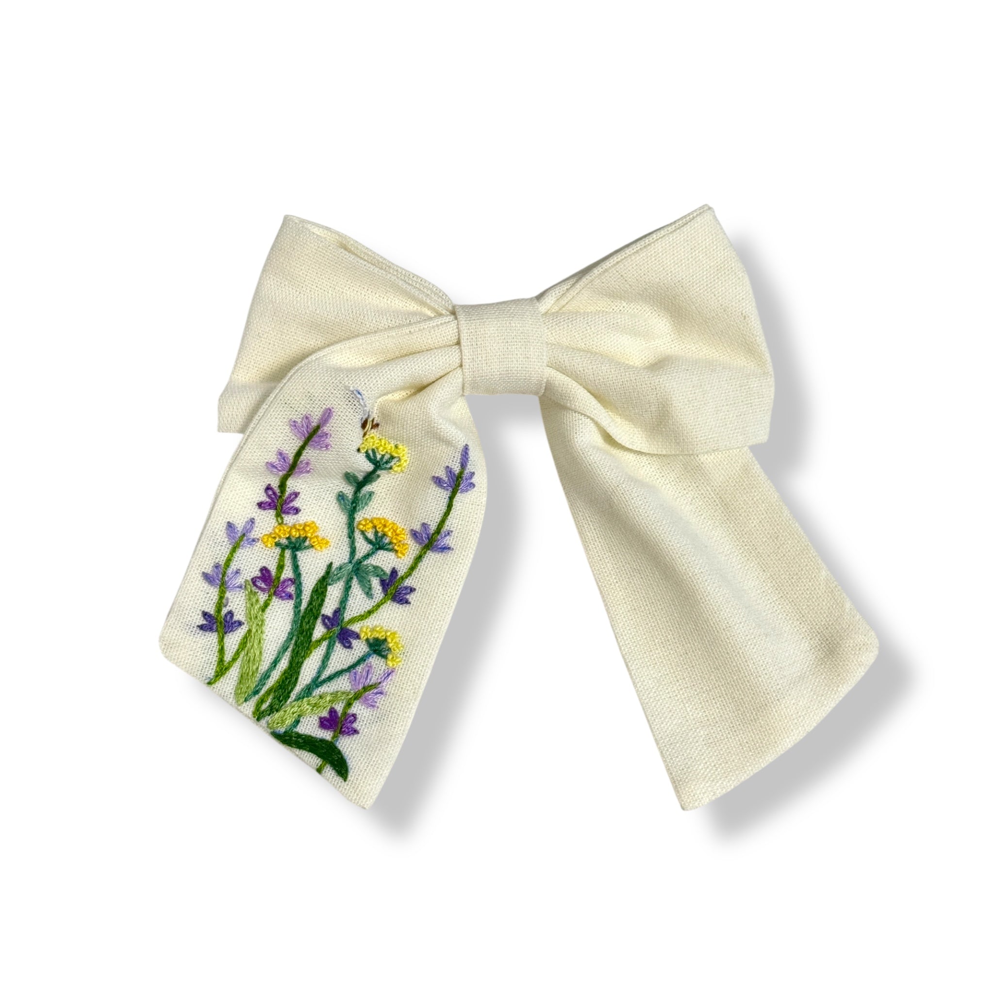 Lavender White Hand Embroidery Hair Bow Barrette