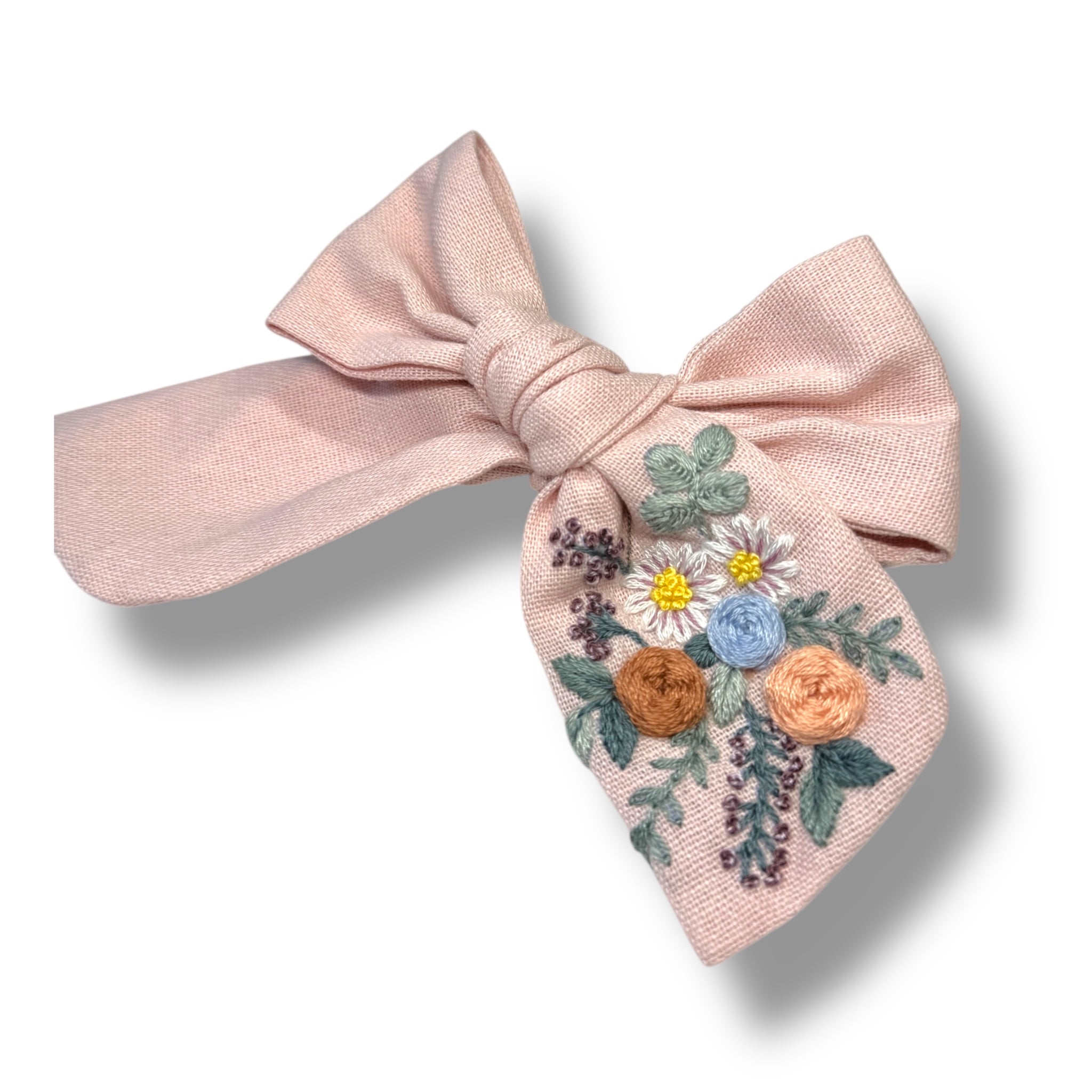 Pastel Pink Hand Embroidery Hair Bow