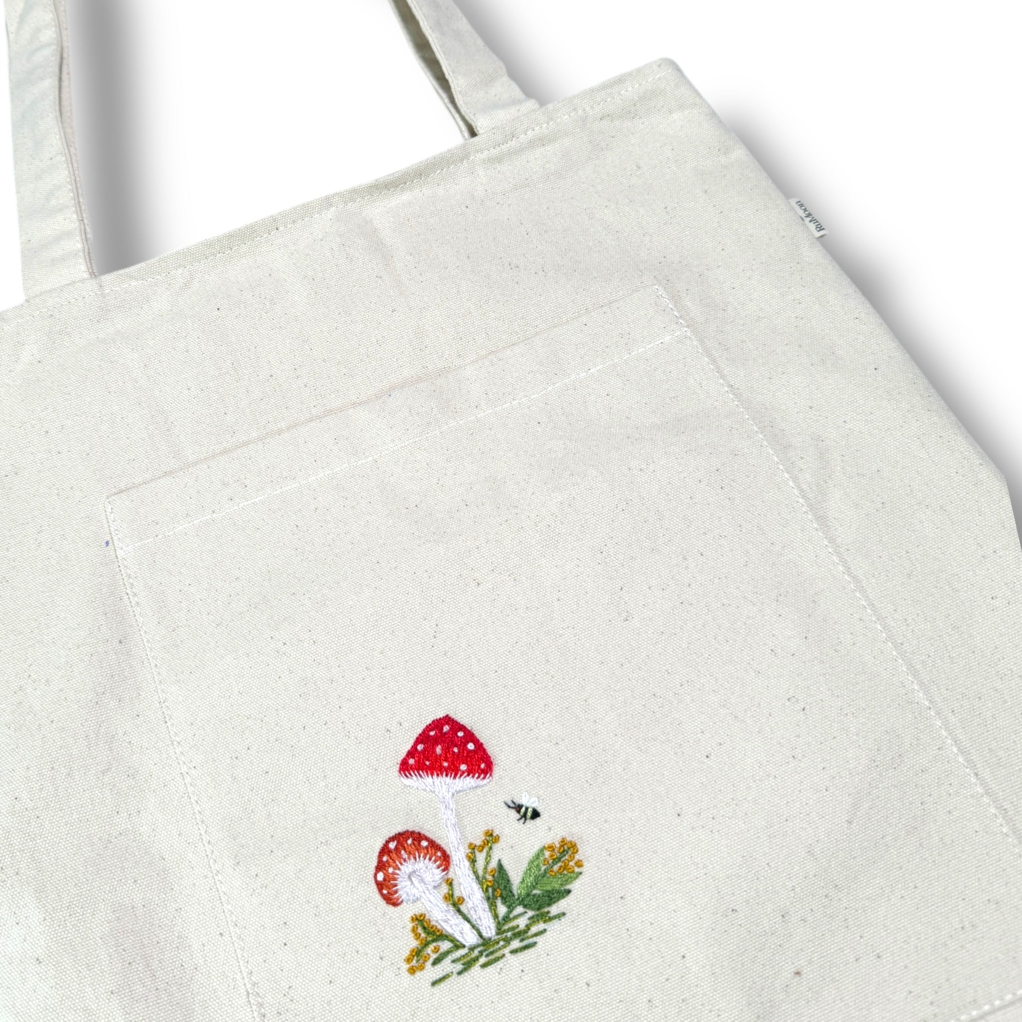 Mushroom Front Pocket Embroidery Tote Bag