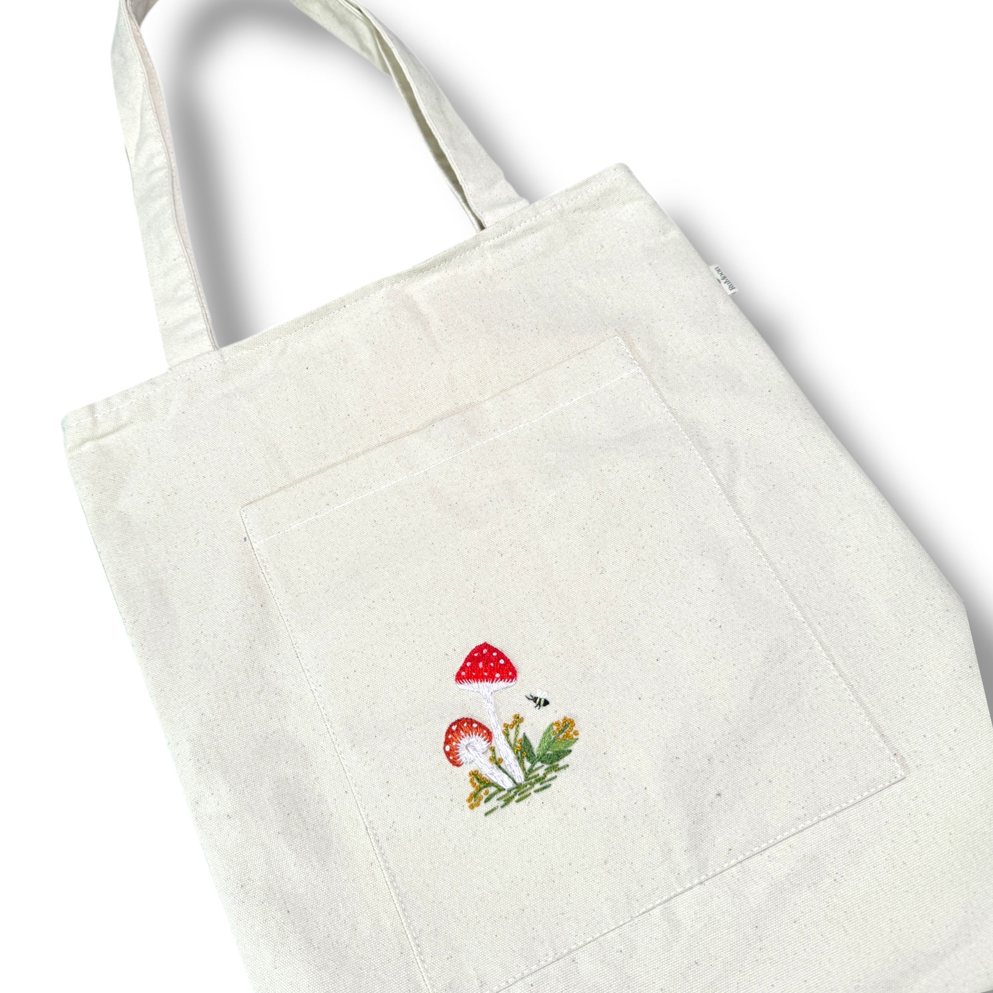 Mushroom Front Pocket Embroidery Tote Bag