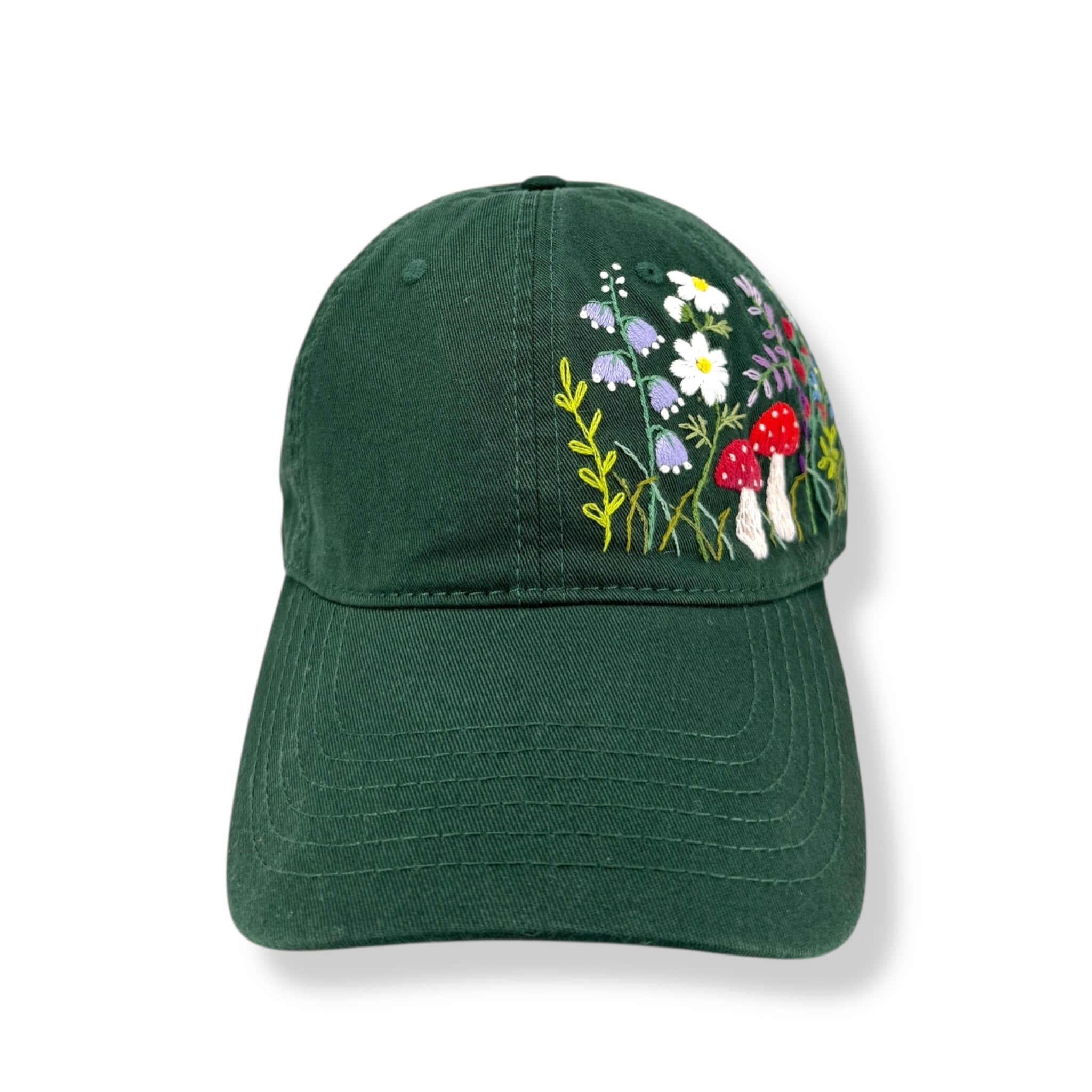 Dark Green Mushroom Garden Embroidered Cap