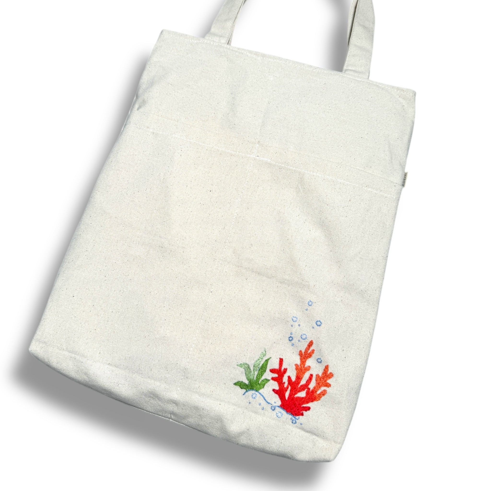 Coral Pocket Embroidery Tote Bag Beige