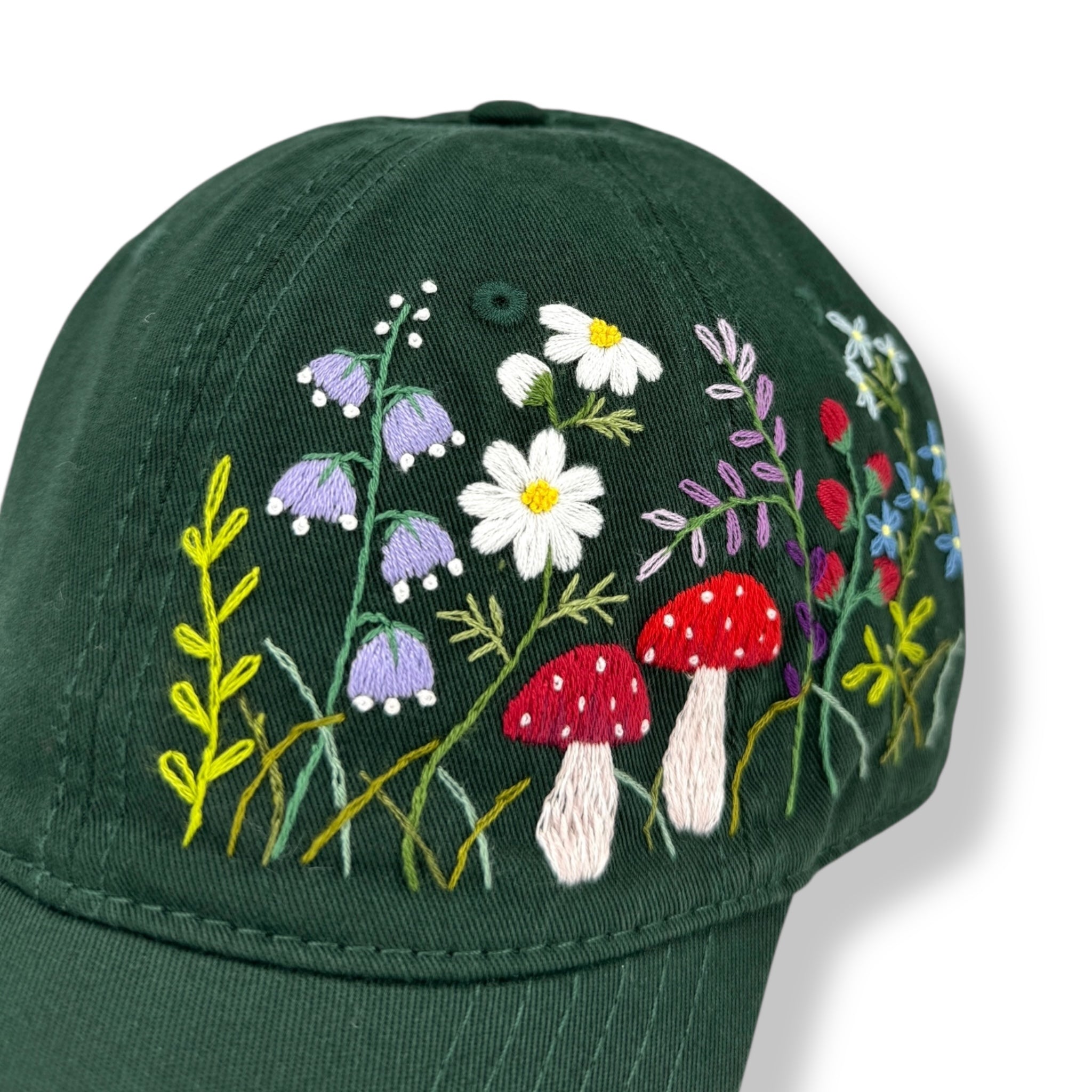 Dark Green Mushroom Garden Embroidered Cap