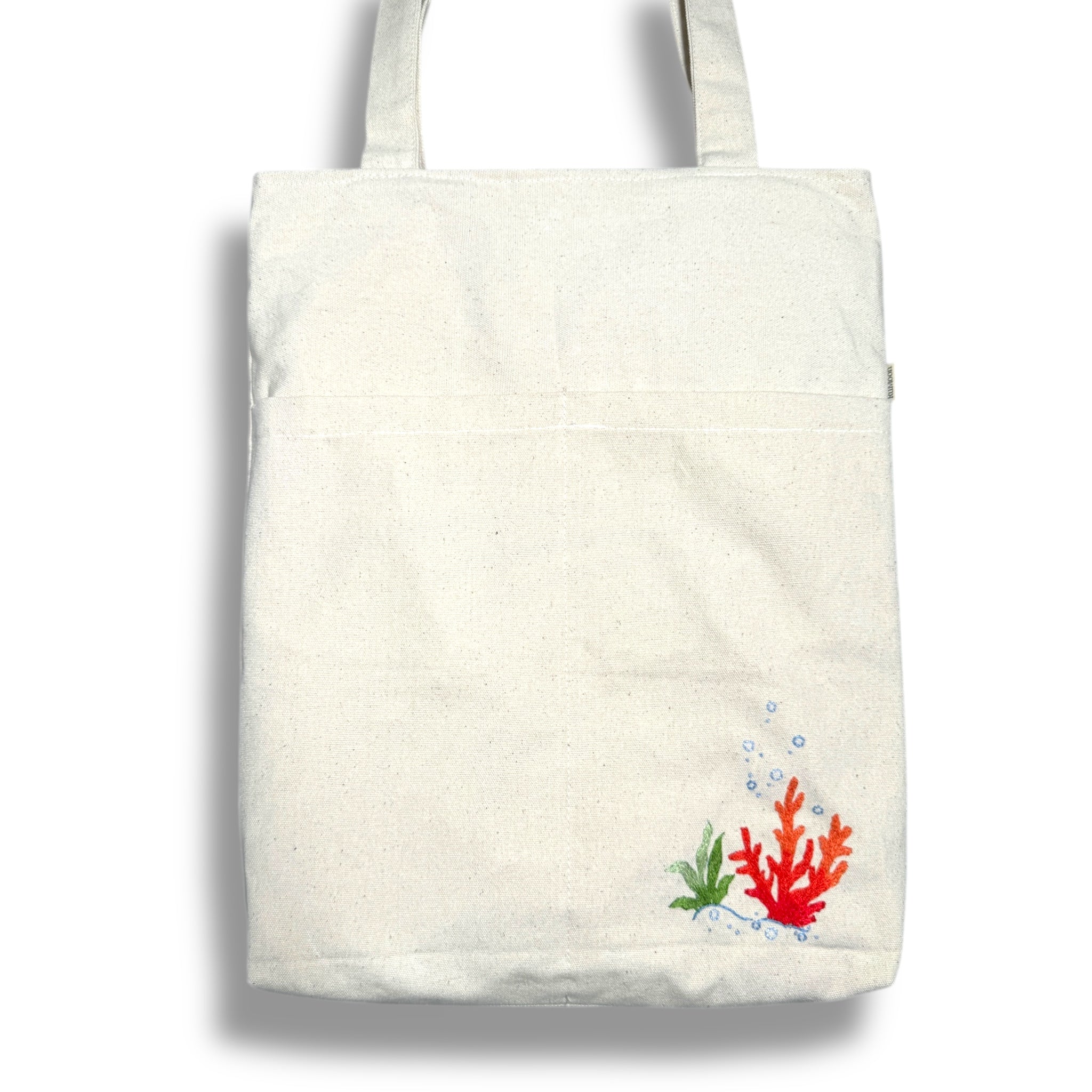 Coral Pocket Embroidery Tote Bag Beige