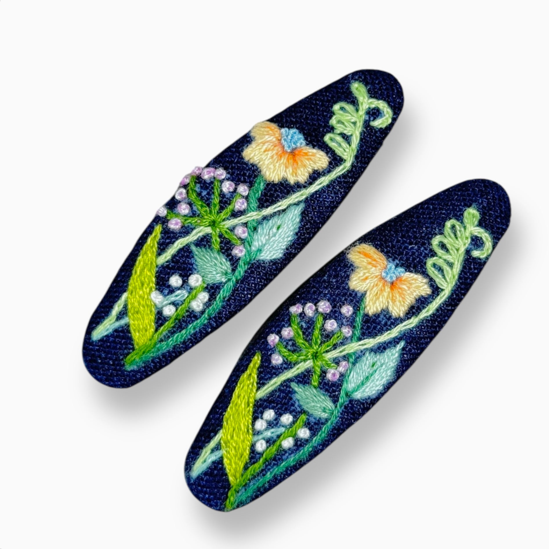 Orange Garden Hand Embroidered Dark Blue Hair Clips