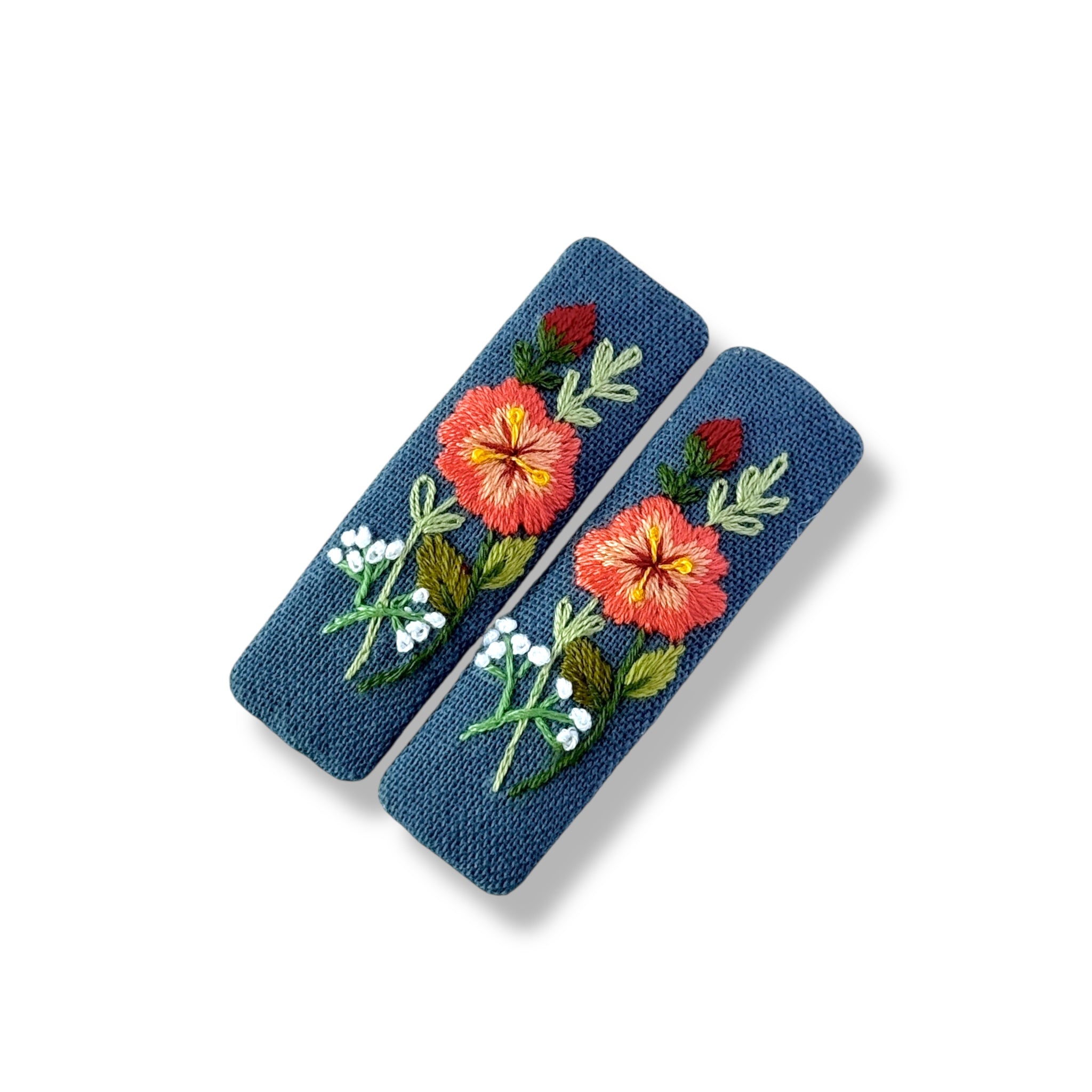 Blue Orange Hand Embroidery Hair Clips