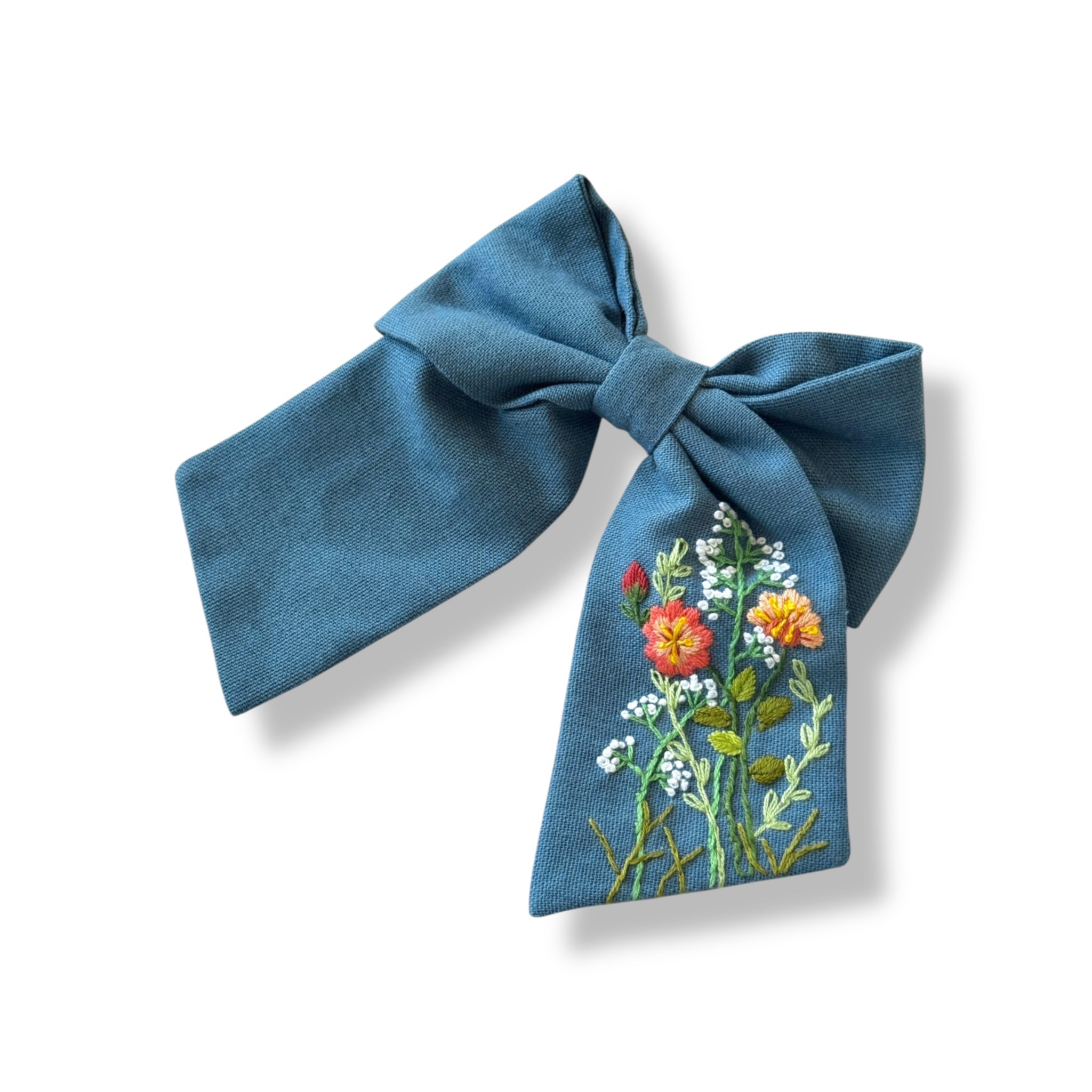 Blue Hand Embroidery Hair Bow