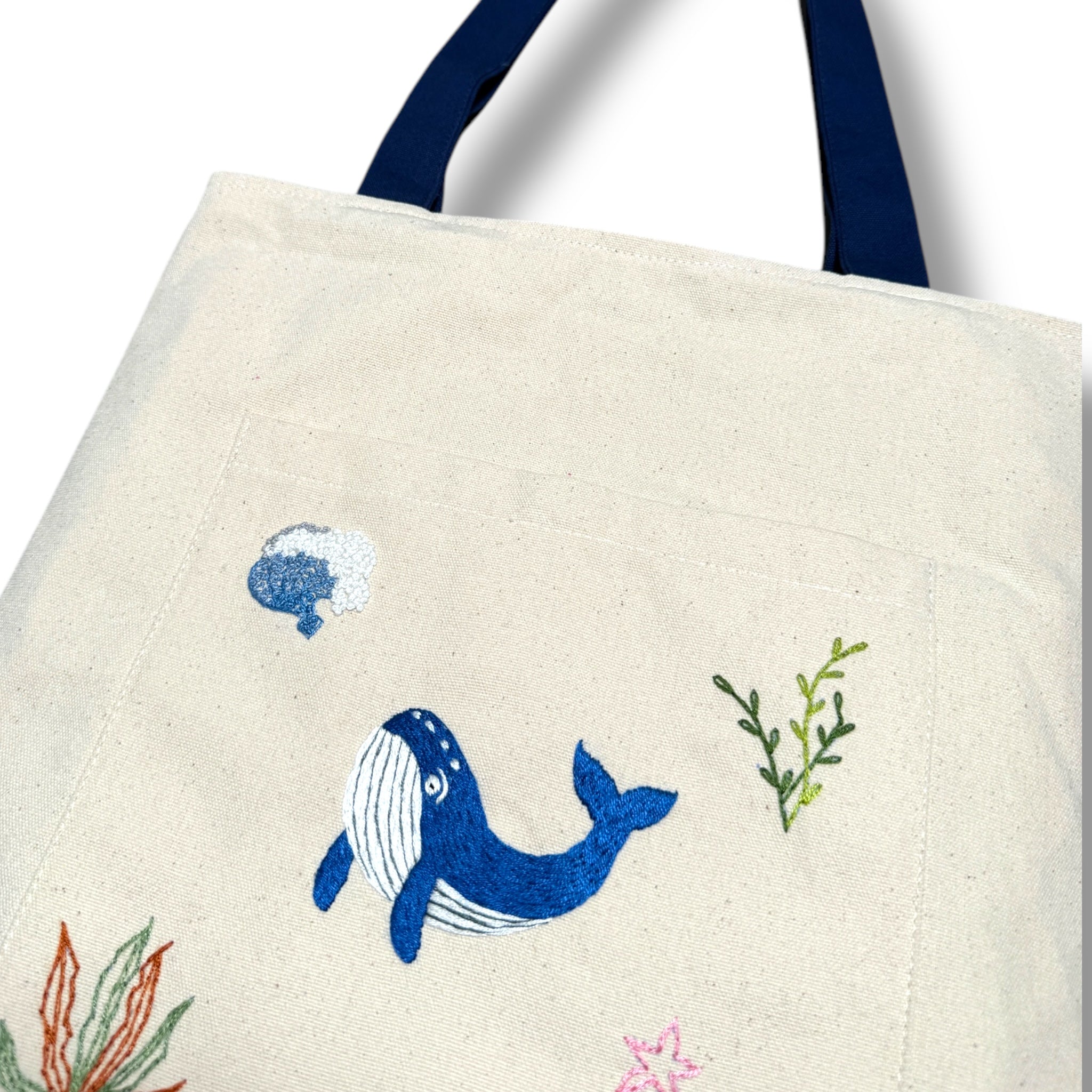 Whale Embroidery Tote Bag