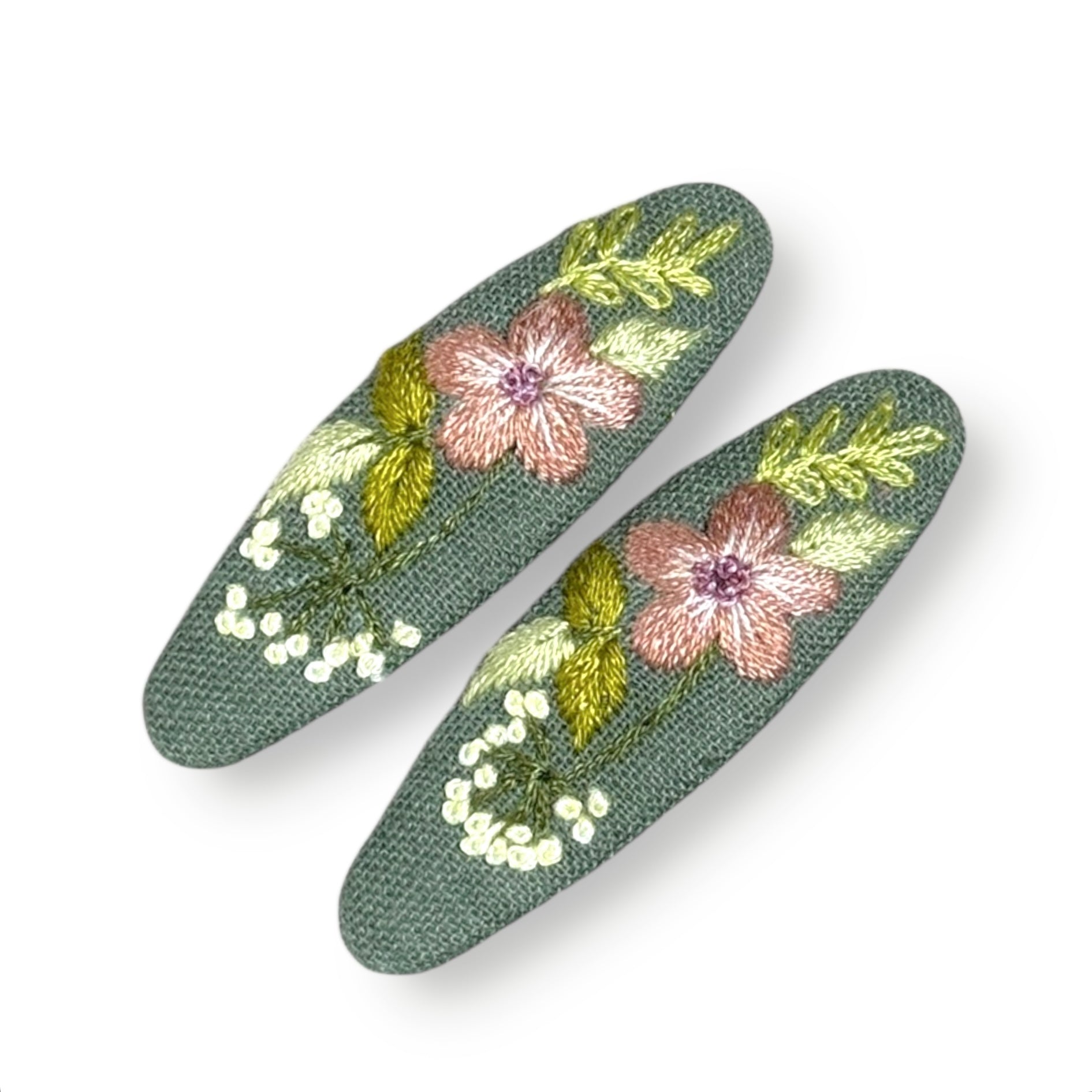 Olive Green Hand Embroidered Hair Clips