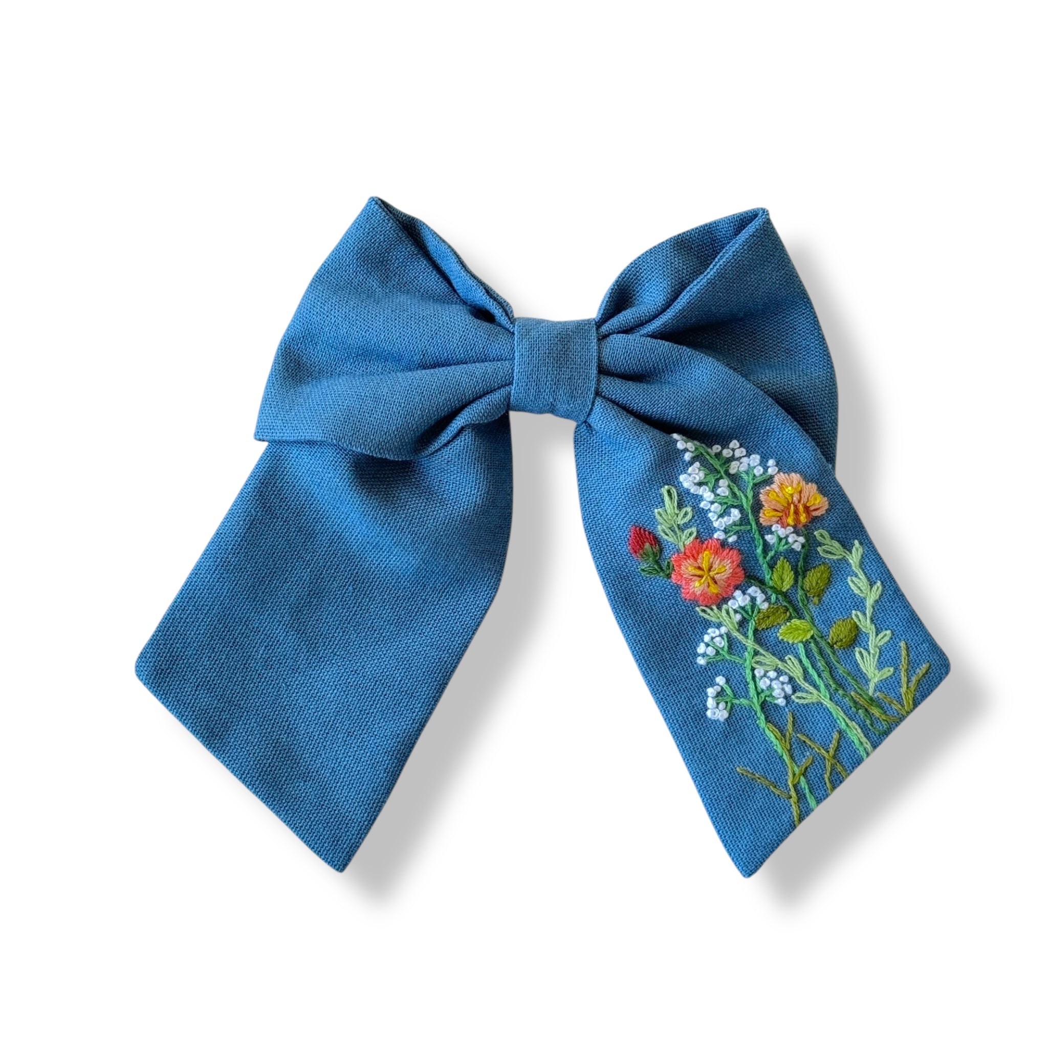 Blue Hand Embroidery Hair Bow
