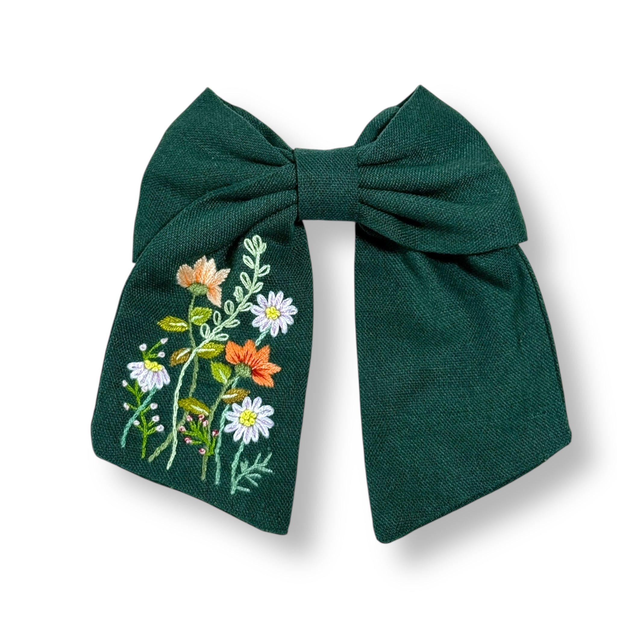 Country Bloom Hand Embroidery Green Hair Barrette