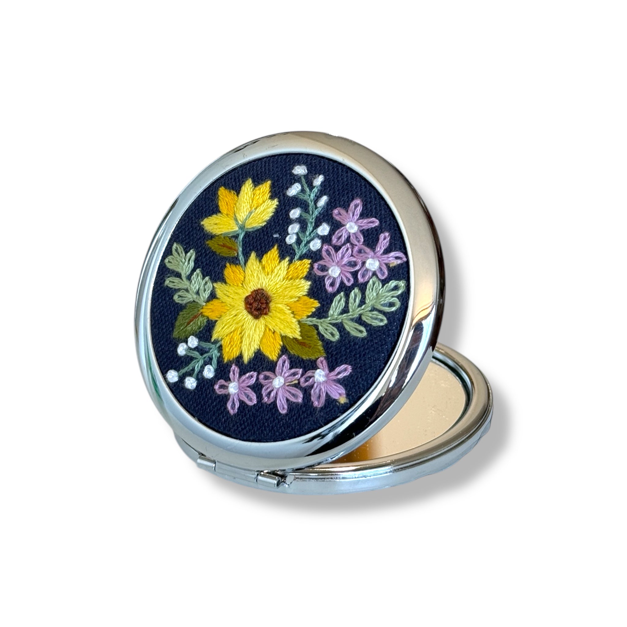 Sunflower Navy Hand Embroidery Compact Mirror
