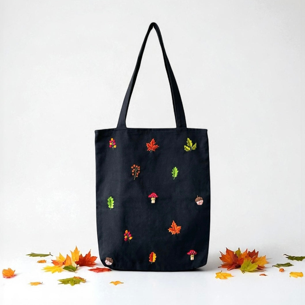 Fall Embroidery Tote Bag Black