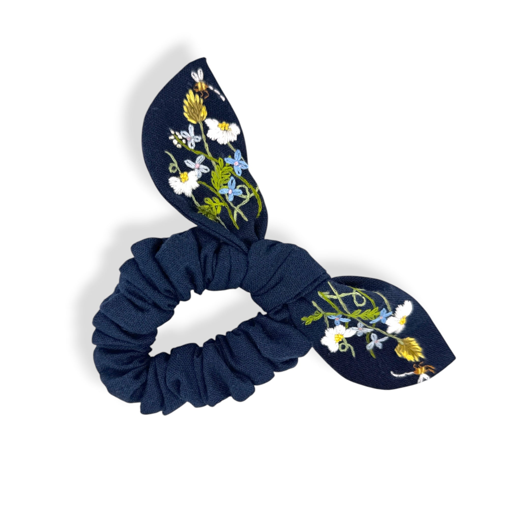 Navy Wildflower Embroidered Scrunchies