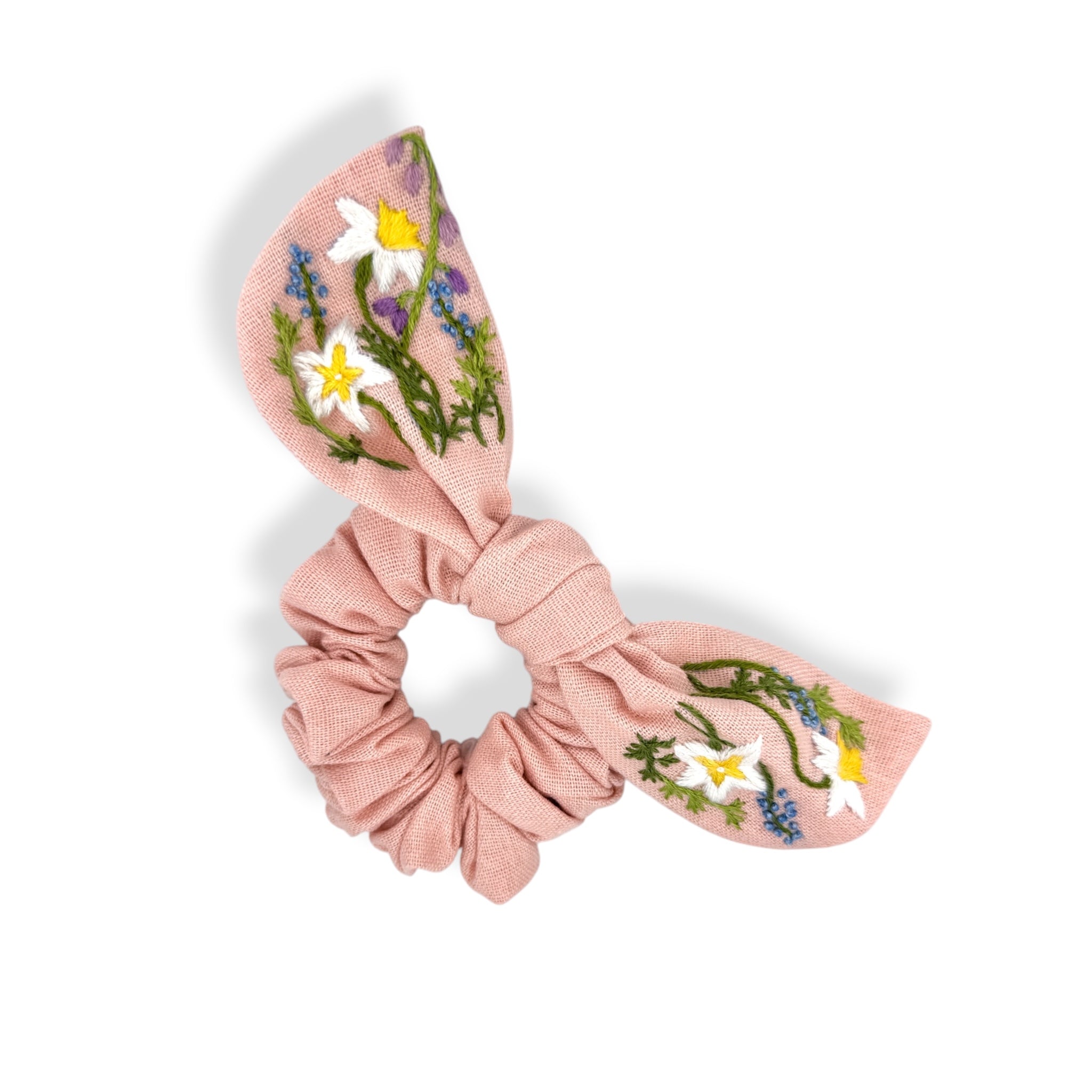 Wildflower Embroidered Dusty Pink Bow Scrunchies