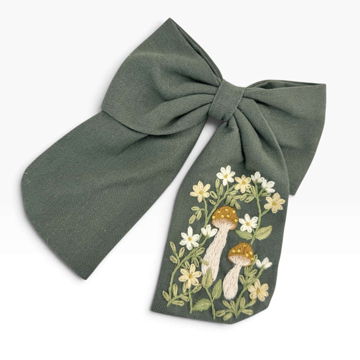 Woodland Mushroom Sage Green Embroidered Hair Barrette
