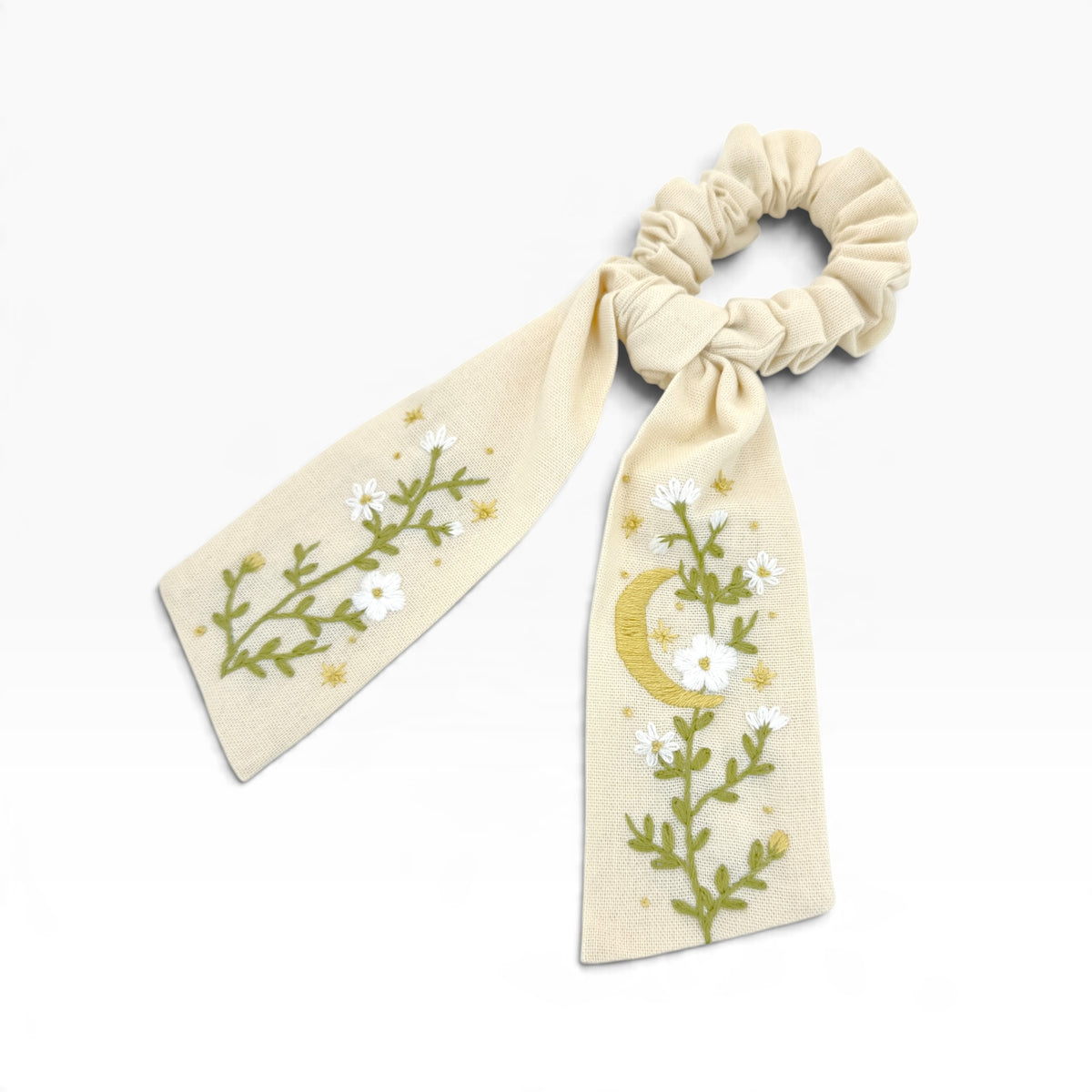 Moonlit Embroidered Beige Bow Scrunchies