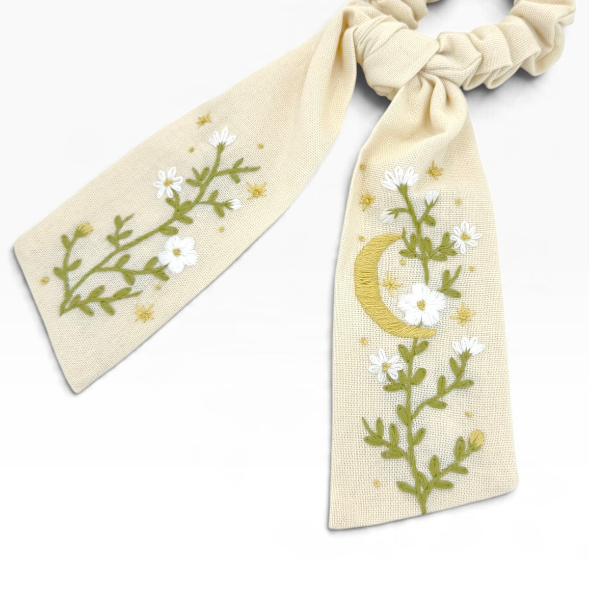 Moonlit Embroidered Beige Bow Scrunchies