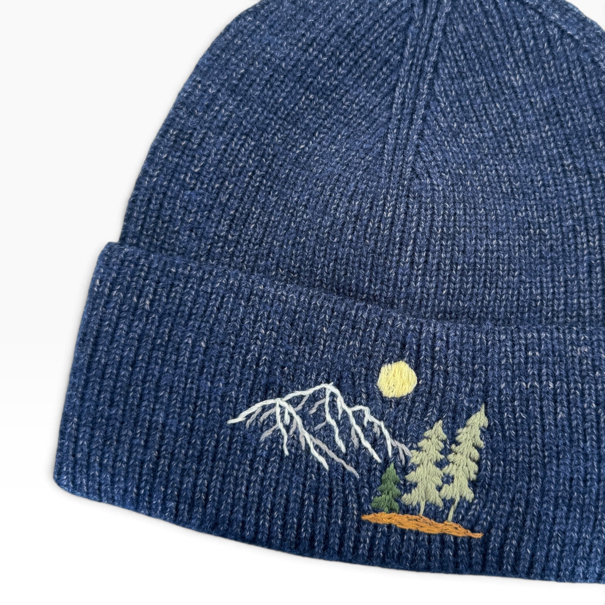 Mountains Tree Navy Embroidered Beanie