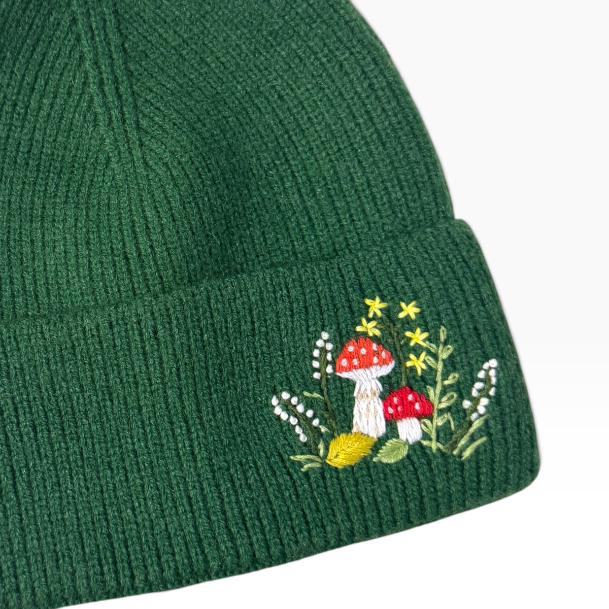Mushroom Embroidered Green Beanie