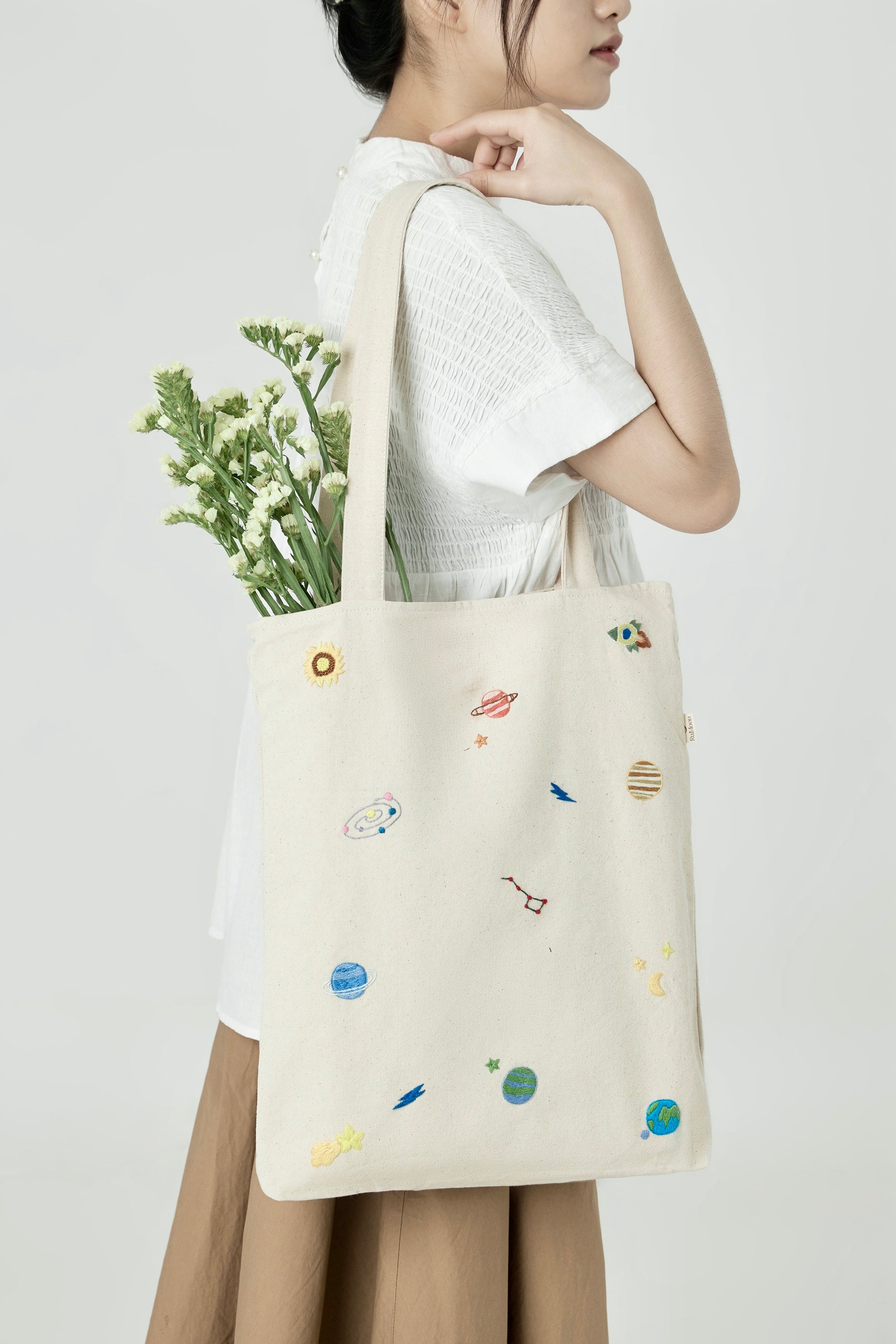 Galaxy Embroidery Tote Bag Beige