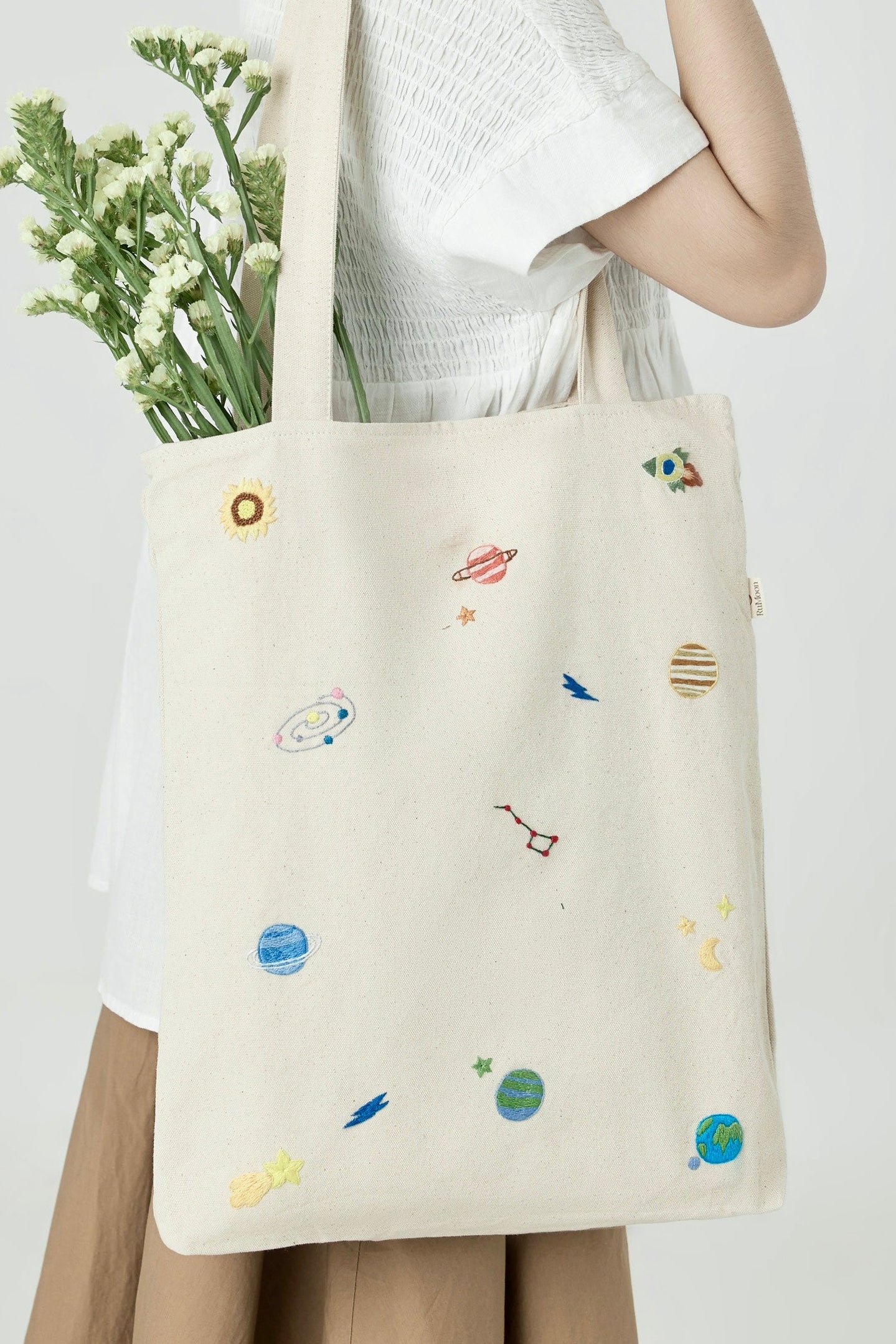 Galaxy Embroidery Tote Bag Beige