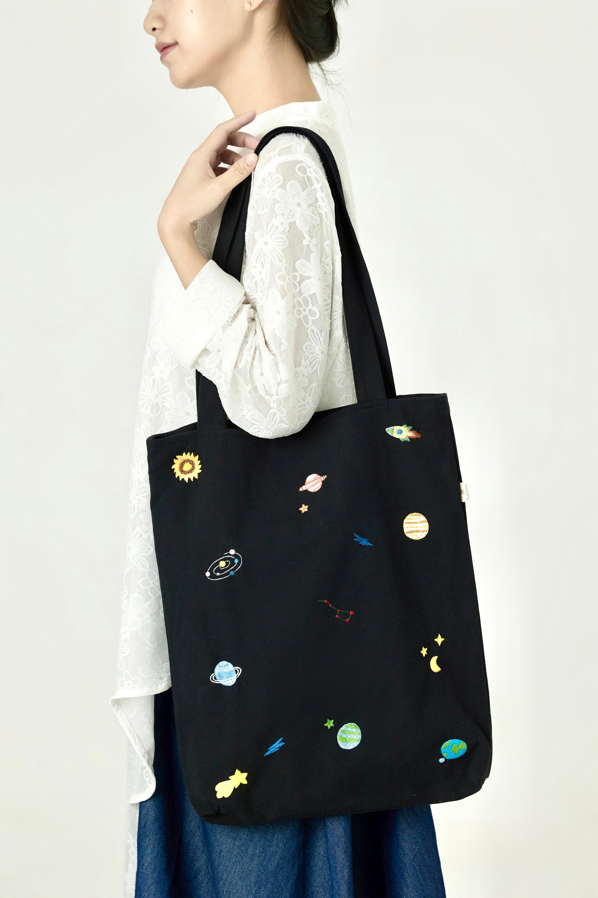 Space Hand Embroidery Tote Bag Black