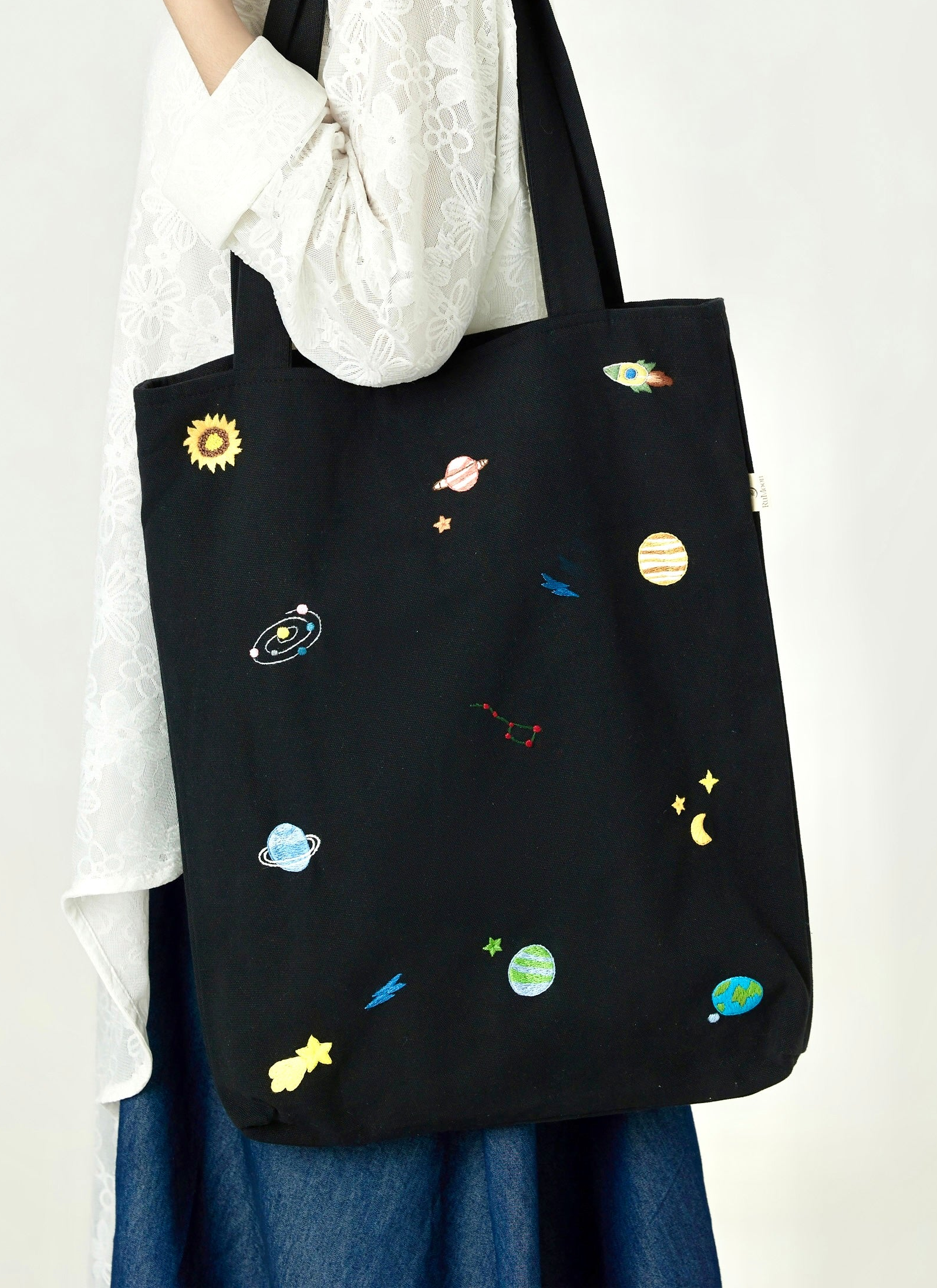 Space Hand Embroidery Tote Bag Black
