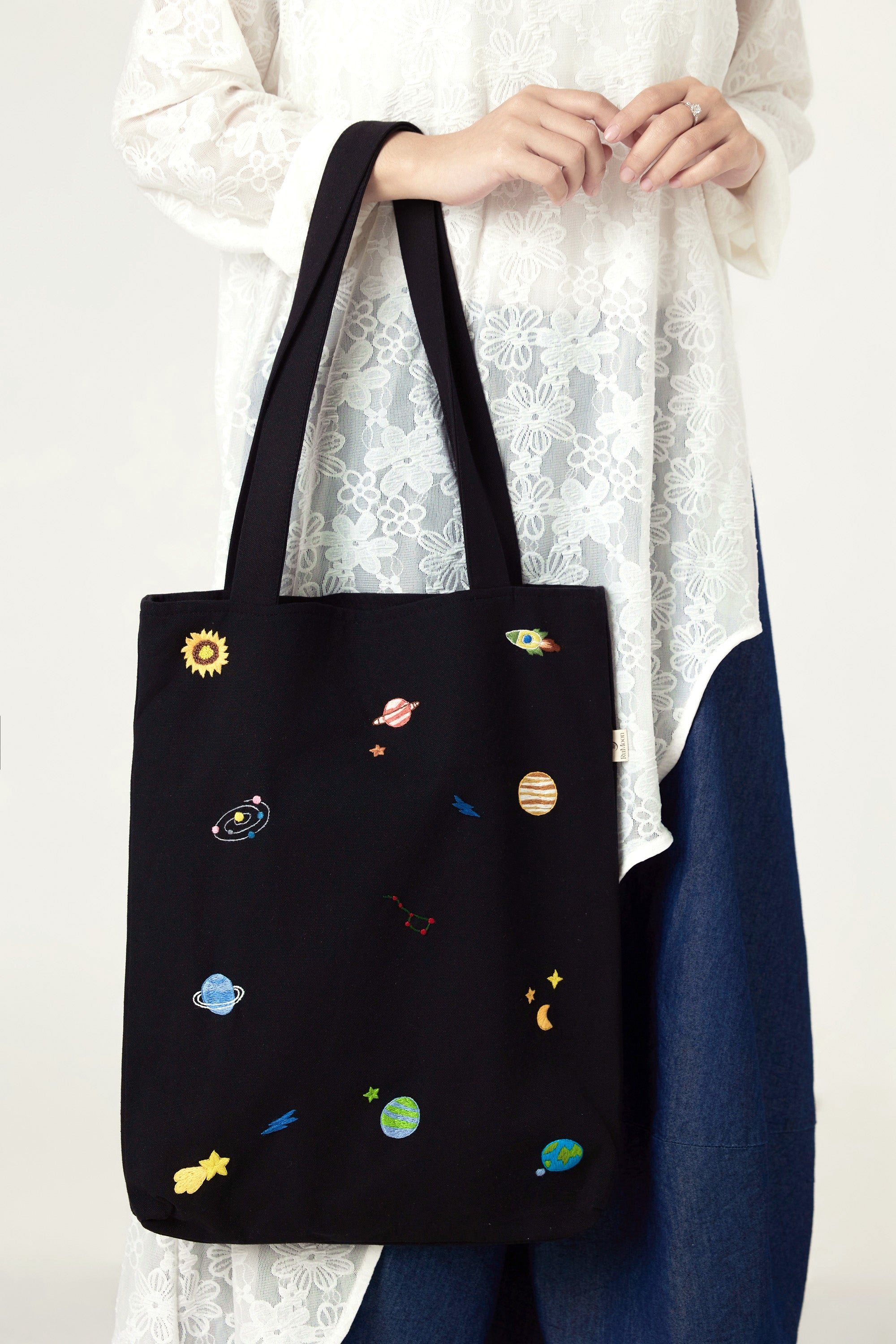 Space Hand Embroidery Tote Bag Black