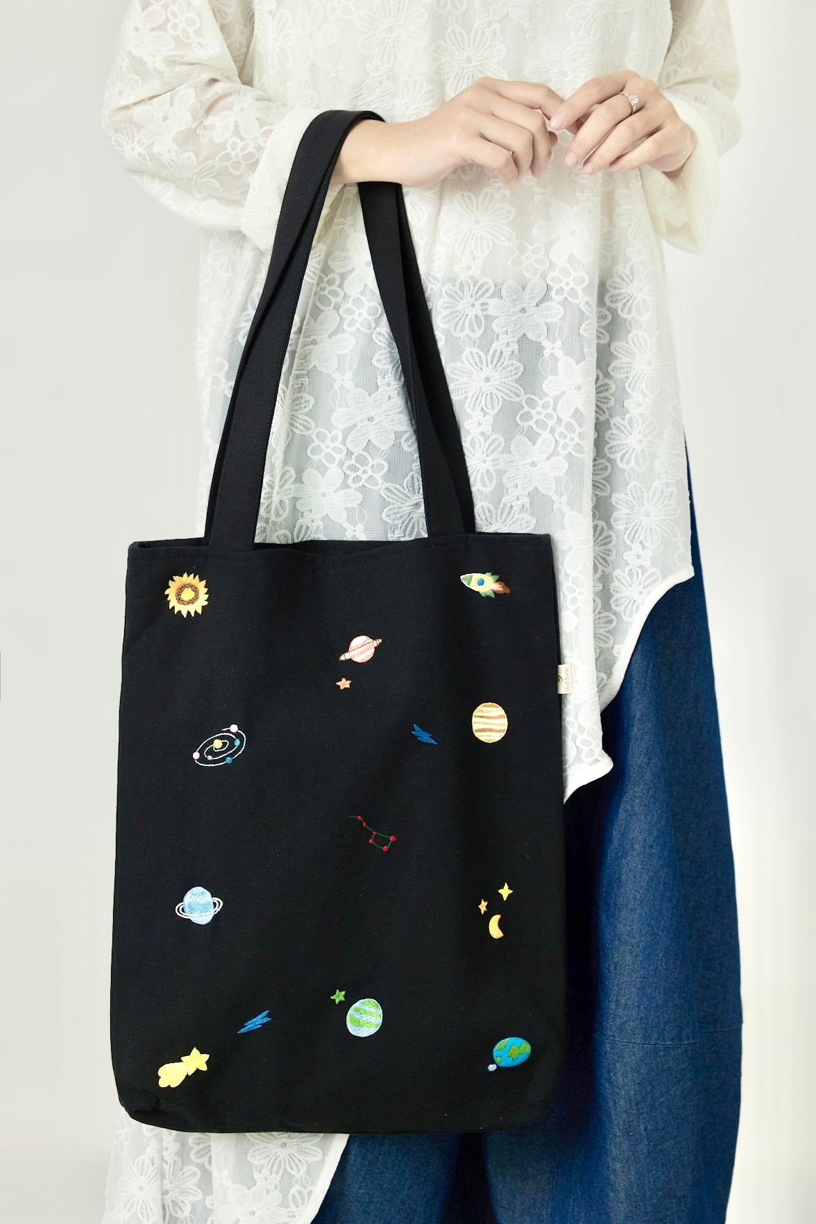 Space Hand Embroidery Tote Bag Black