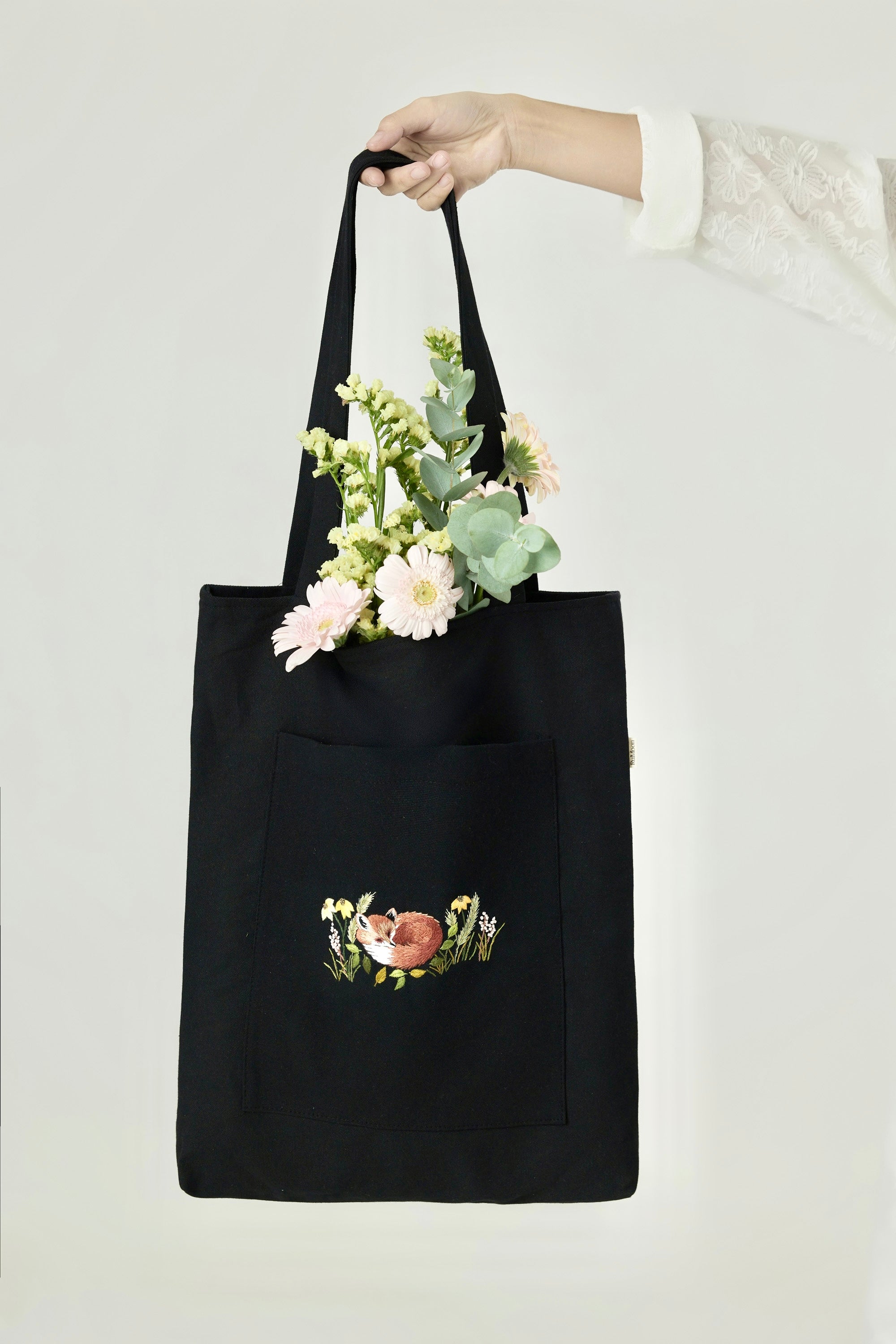 Sleeping Fox Front Pocket Tote Bag Black