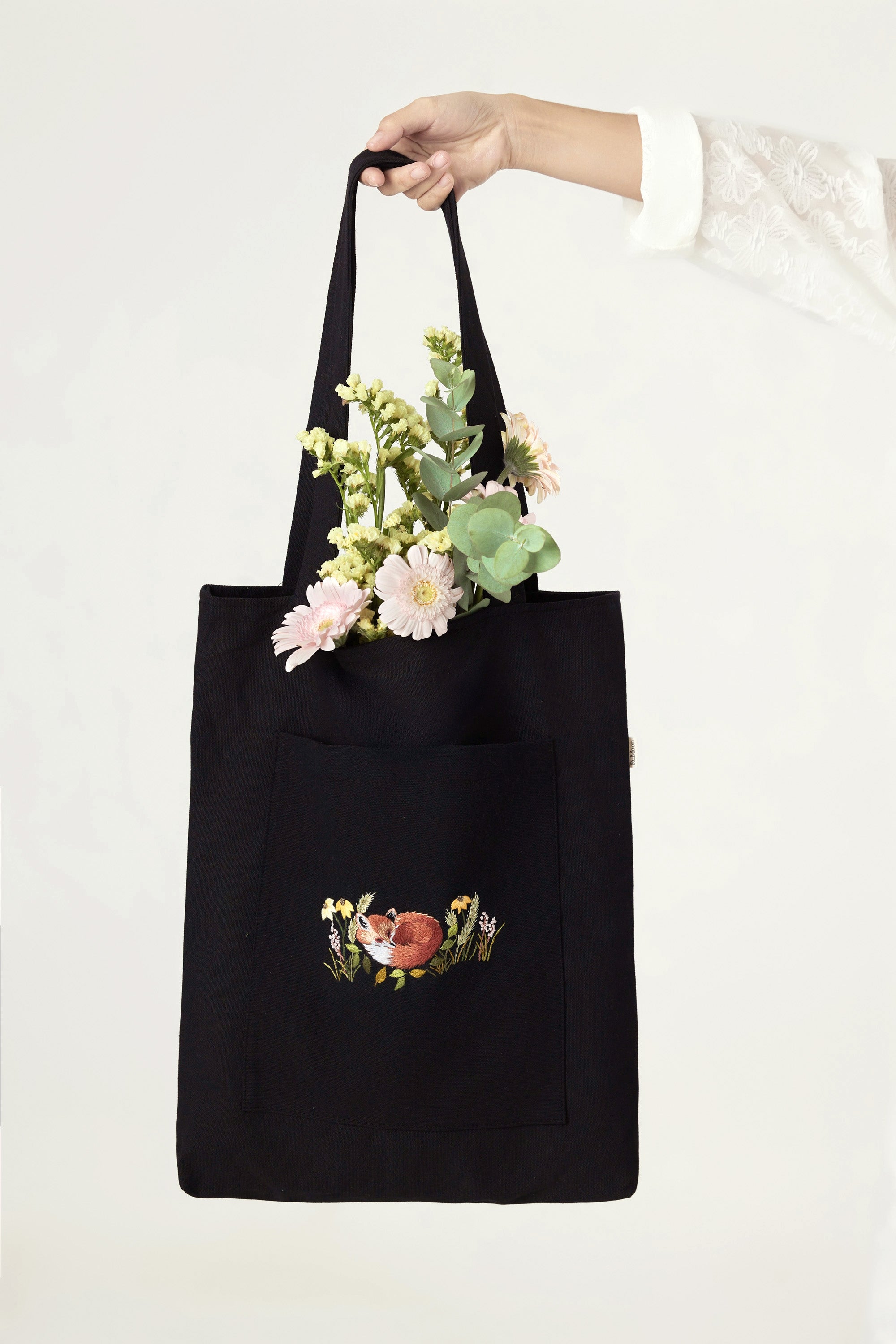 Sleeping Fox Front Pocket Tote Bag Black