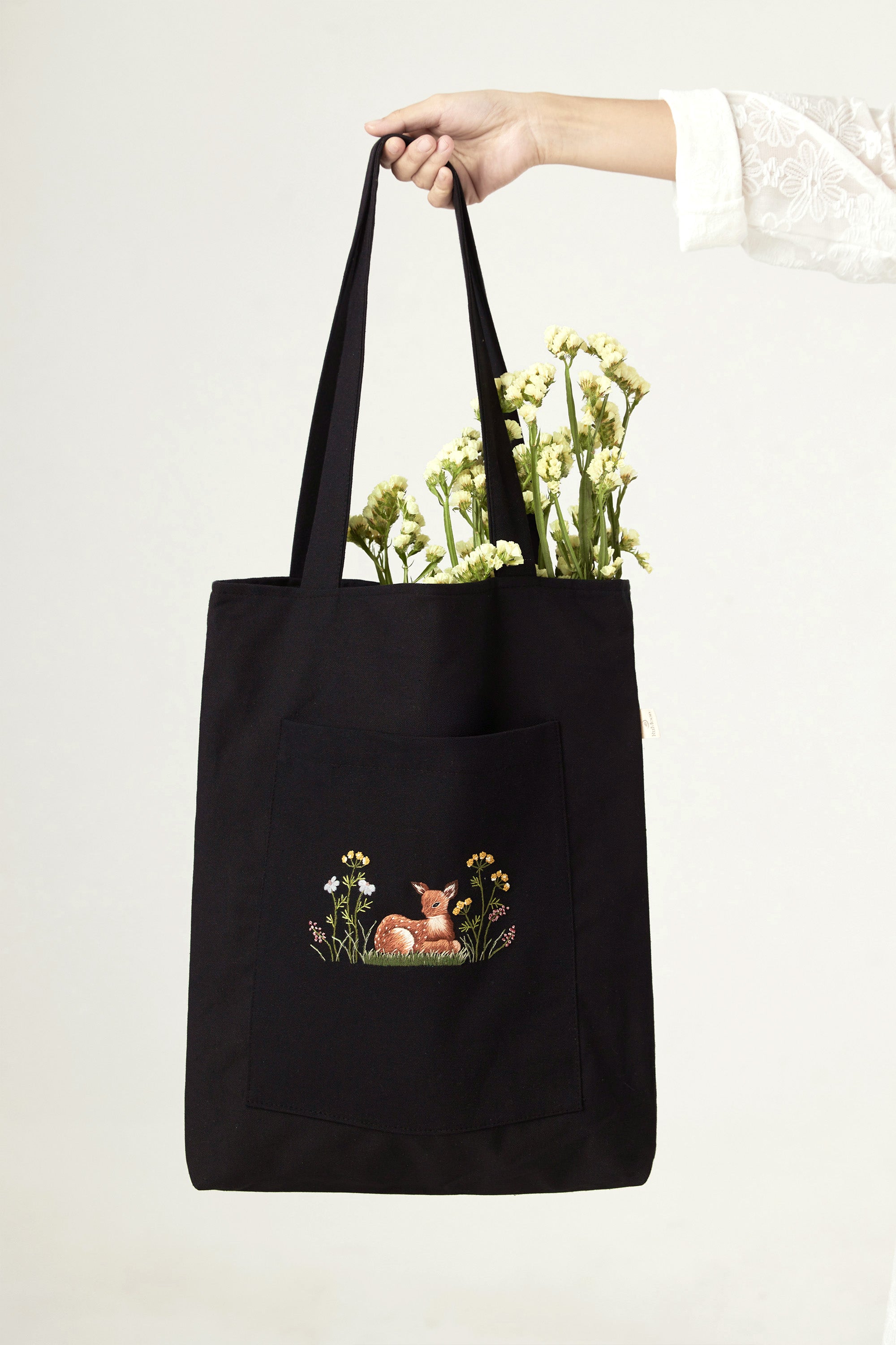 Little Deer Front Pocket Tote Bag Black