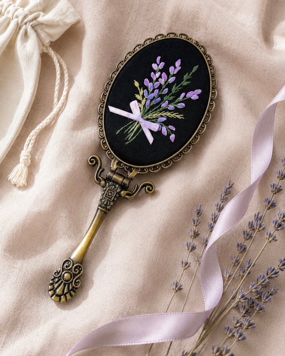 Midnight Lavender Bouquet Hand Embroidered Handheld Mirror