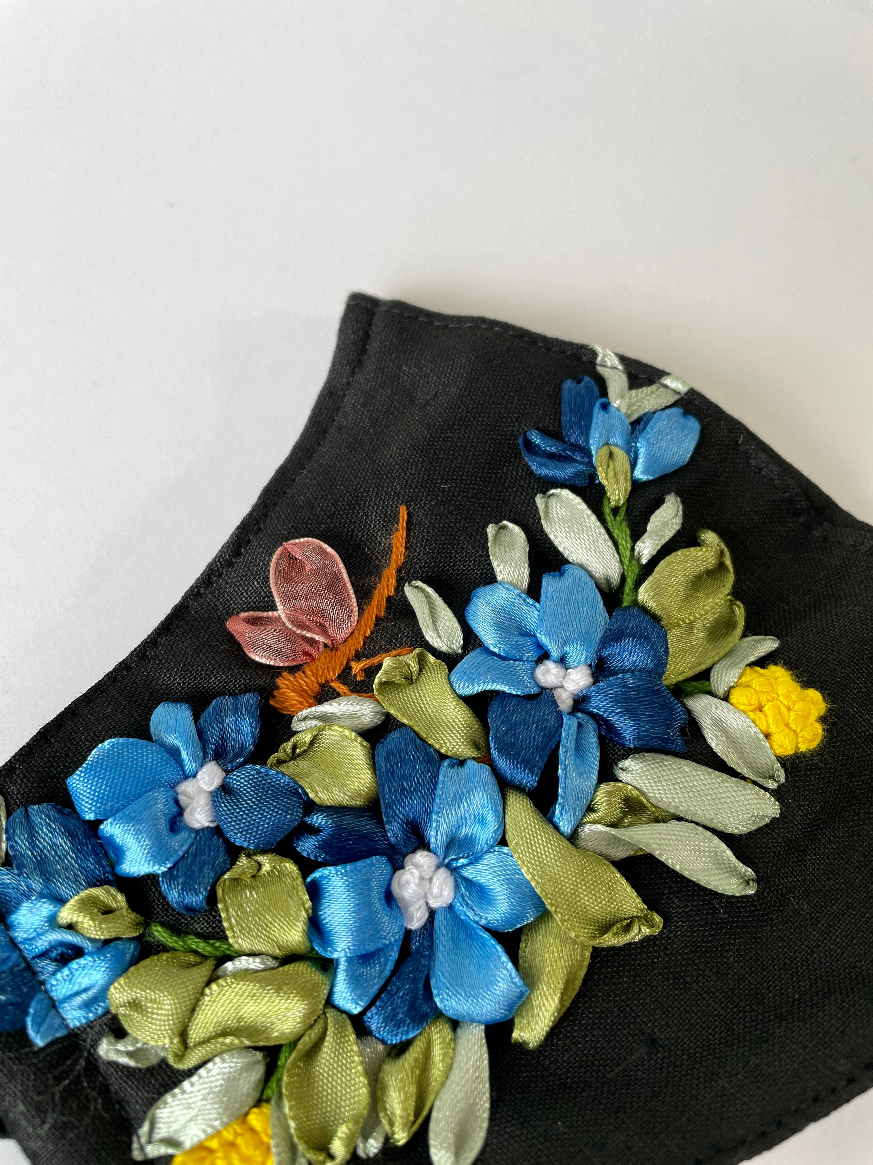 Blue Floral Embroidered Face Mask With Nose Wire